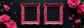 Pair of rosy pink picture frames on solid black background, ready for your image , simple, set, mockup