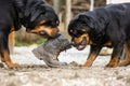 a pair of rottweilers playfully fighting over a work boot