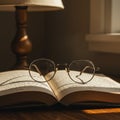 A pair of round eyeglasses rests on an open book with visible text, illuminated by Royalty Free Stock Photo