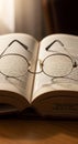 A pair of round, metal-framed eyeglasses rests on an open book. The book\'s text is clearly visible, Royalty Free Stock Photo