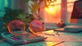 Financial Planning at Sunset: Home Office Desk Royalty Free Stock Photo