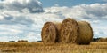 a pair of round yellow straw bales on agricultural field with stubble after harvesting under blue cloudy sky Royalty Free Stock Photo