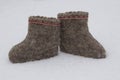 A pair of Russian felt boots standing on white snow in winter Royalty Free Stock Photo