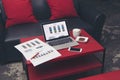 Businessman`s desk, business strategy analysis concept with tablet, graph, on the table.