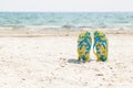 Pair of sandals in sand beach Royalty Free Stock Photo