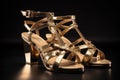 pair of sandals, wedged high on the foot, with straps crisscrossing and buckles shining in the light