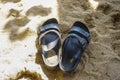 A pair of sandals on the white sand of the beach Royalty Free Stock Photo