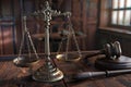 Pair of Scales on Table with Gavel and Ball, Connoting Judicial Consideration Royalty Free Stock Photo