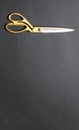 Pair of scissors gold handle isolated on black background, top view