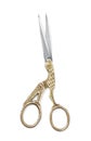 Pair of scissors with ornate handles isolated on white, top view