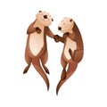 Pair of Sea Otter as Marine Mammal and Aquatic Creature with Brown Coat and Long Tail Swimming Together Vector Royalty Free Stock Photo
