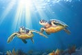 pair of sea turtles with sunrays above