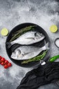 Pair of Seabream or dorado raw fish on grill pan with ingredients on grey white textured background, top view