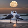 A pair of seagulls sharing a midnight kiss under the full moon on a beach3