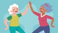 A pair of seniors highfiving each other as they complete a set of jumping jacks in a Silver Generation aerobics class Royalty Free Stock Photo