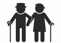 Pair, seniors, man and woman with walking stick, health care, eps. Royalty Free Stock Photo