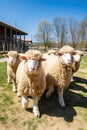 A pair of sheep engaged in a friendly head-butt, playfully asserting their dominance.