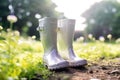 A pair of shiny rubber boots, in the vegetable garden. Generative AI