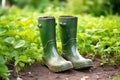 A pair of shiny rubber boots, in the vegetable garden. Generative AI