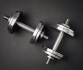 pair of shiny steel typesetting dumbbells for bodybuilding on a black background