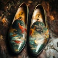 A pair of shoes with birds painted on them sitting on a table Royalty Free Stock Photo