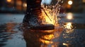 A pair of shoes confidently treading through a serene puddle, sending playful splashes into the air