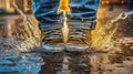 A pair of shoes confidently treading through a serene puddle, sending playful splashes into the air