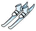 Cartoon of a pair of shoes fastened to the skis over white background, vector or color illustration