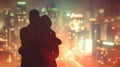 A pair of silhouetted figures embrace in a warm hug as they reunite in the midst of the bustling futuristic city. . Royalty Free Stock Photo