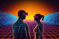 Pair of silhouettes of futuristic people in virtual reality glasses. Generative ai