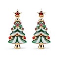 Pair of silver Christmas tree earrings with red gems isolated on white background