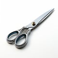 A pair of a silver and gold handled scissors on white surface, AI