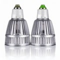 Pair of Silver LED Light Bulbs with White Bases on White Background Royalty Free Stock Photo