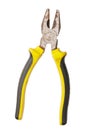 Pair of silver metal pliers with yellow and black grips