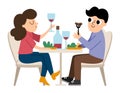 Pair sitting by the table, eating and drinking wine. Vector illustration with French people. Woman man having good time. Cute