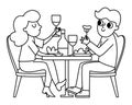 Pair sitting by the table, eating and drinking wine. Vector line illustration with French people. Woman and man having good time.