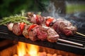 pair skewering lamb chops for a backyard bbq