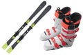 Pair ski boots and alpine skis isolated on white background. Modern sport outdoor equipment isolated. Sport equipment for skiing