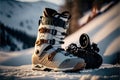 a pair of ski boots sitting in the snow on a mountain side slope with a snowboard attached to the boot and a snowboard atta Royalty Free Stock Photo