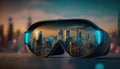 a pair of ski goggles with a city in the reflection of the goggles on a table in front of a cityscap