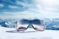 Ski Goggles with Alpine Reflection on Snowy Mountain Summit. Generative Ai