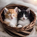 A pair of sleepy kittens cuddled up together in a cozy basket, dreaming peacefully4