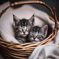 A pair of sleepy kittens cuddled up together in a cozy basket, dreaming peacefully3