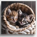 A pair of sleepy kittens cuddled up together in a cozy basket, dreaming peacefully2