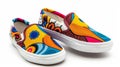 A pair of slipon canvas shoes with colorful patterns, isolate on white background, photo crayon style Royalty Free Stock Photo