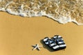 Slippers and a starfish in front of a beach with wave coming Royalty Free Stock Photo