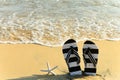 Slippers and a starfish in front of a beach with wave coming Royalty Free Stock Photo