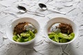 A pair of small dessert bowls with fresh kiwi fruit, white ice cream, yogurt and chocolate chips on a white stone background