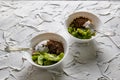 A pair of small dessert bowls with fresh kiwi fruit, white ice cream, yogurt and chocolate chips on a white stone background