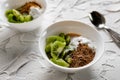 A pair of small dessert bowls with fresh kiwi fruit, white ice cream, yogurt and chocolate chips on a white stone background